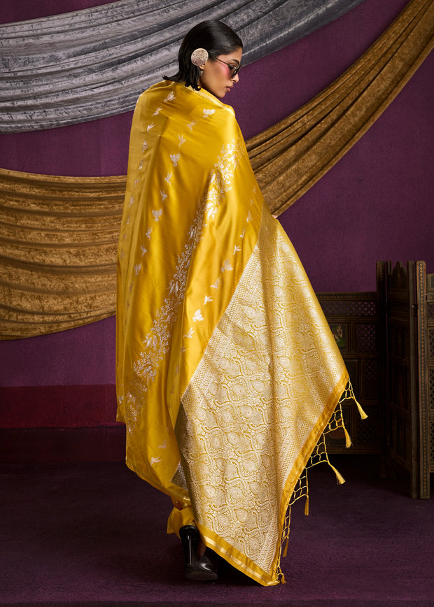Blazing Yellow Banarasi Satin Silk Saree