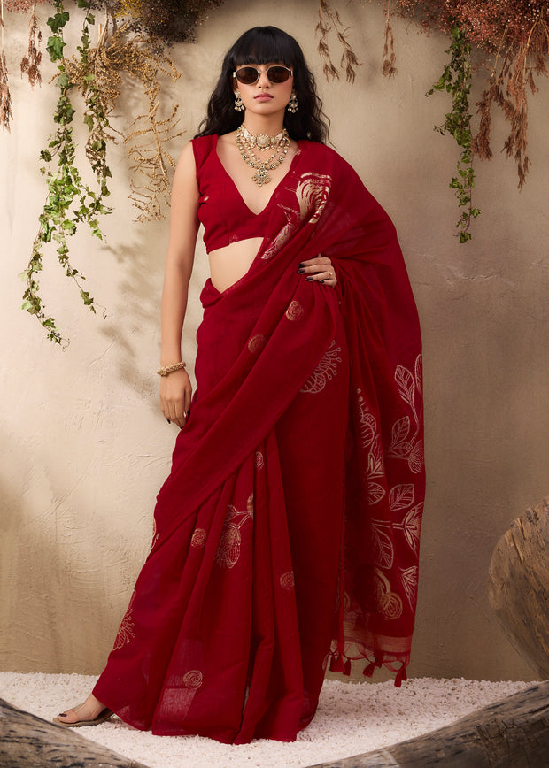 Classic Red Woven Soft Silk Saree