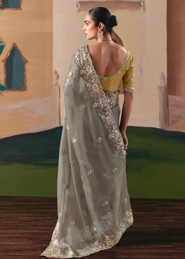Taupe Grey Embroidered Designer Saree