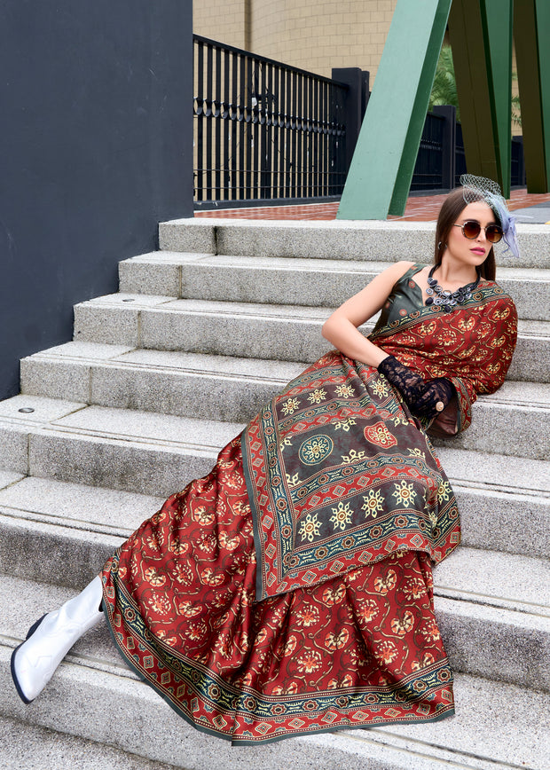 Ochre Red Satin Crepe Digital Printed Saga Saree With Contrast Blouse