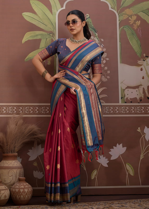 Amarican Red Woven Banarasi Tussar Silk Saree