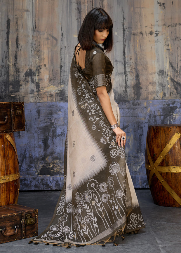 Olive Green Printed Cotton Silk Saree