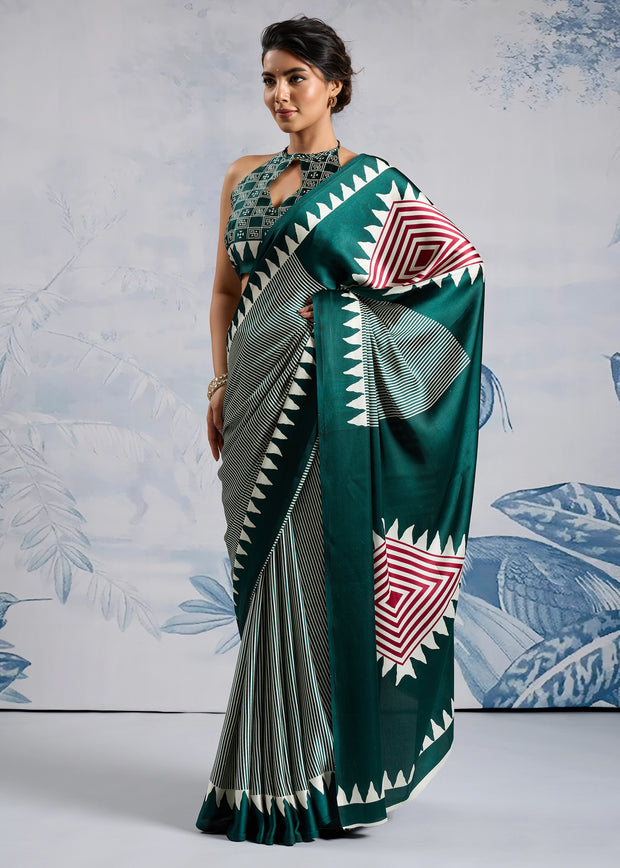 Antique Green Printed Satin Silk Saree