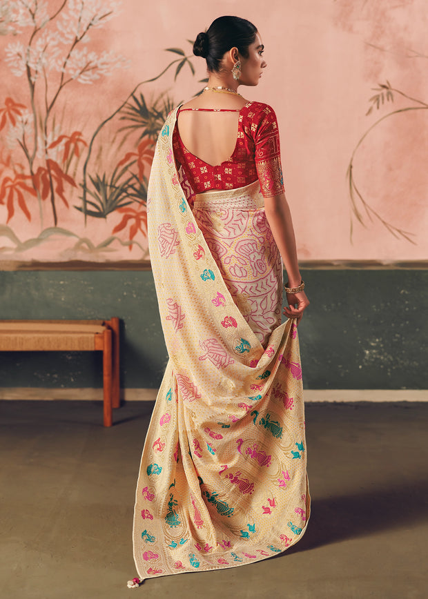 Creamy White Woven Georgette Bandhej Saree