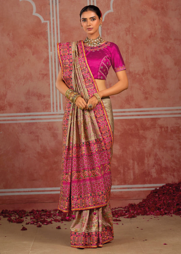 Silver Grey Embroidered Designer Saree