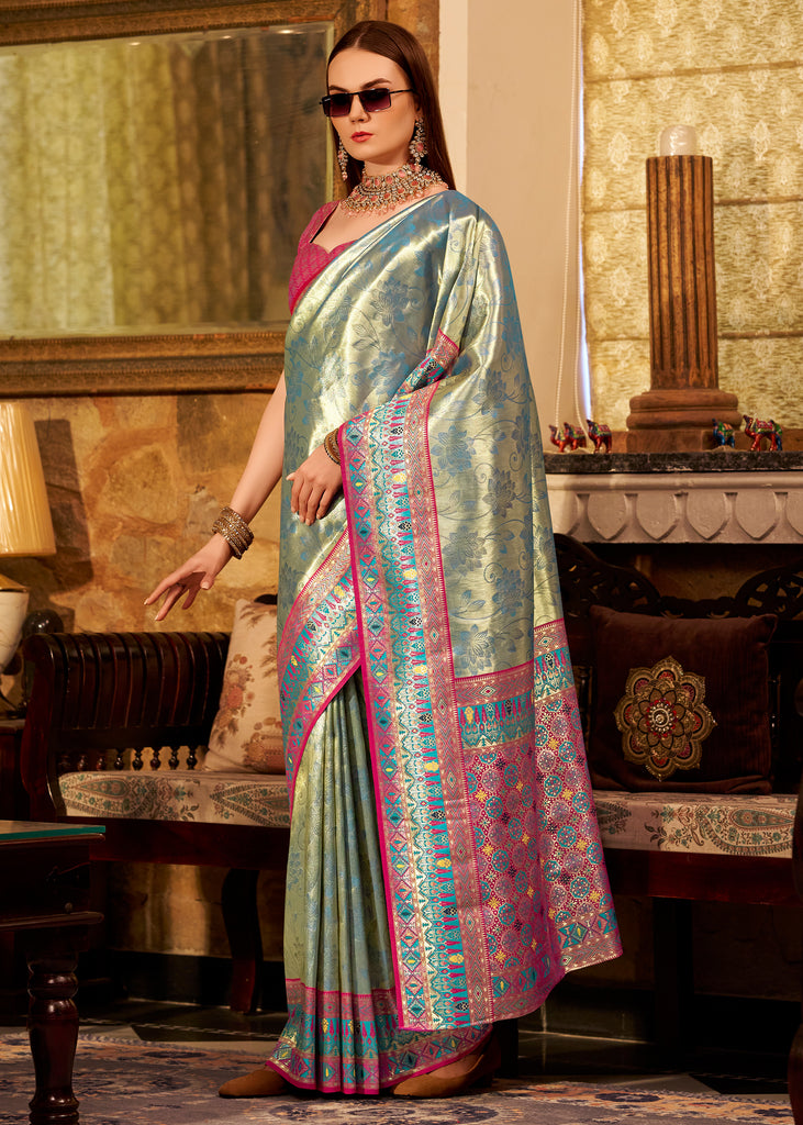 Peacock Blue Woven Tissue Silk Saree