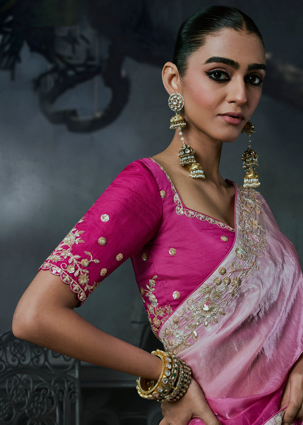 Magenta Pink Embroidered Designer Saree