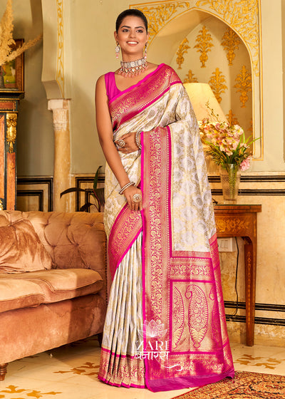 Swarna: Banarasi Handloom Zari Jaal Saree in the Shades of Cream and Pink (7643918794945) (7705939280065)
