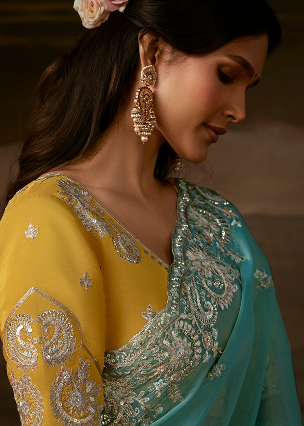 Aqua Blue Embroidered Designer Organza Saree