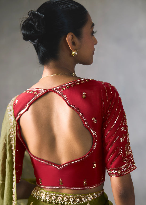 Olive Green Embroidered Silk Saree With Heavy Blouese