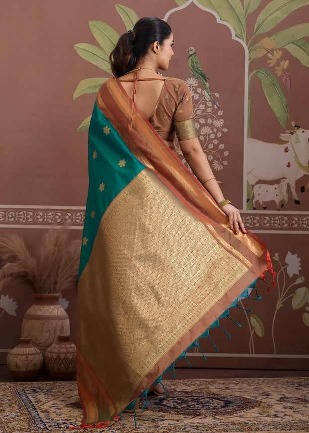 Teal Green Woven Banarasi Tussar Silk Saree