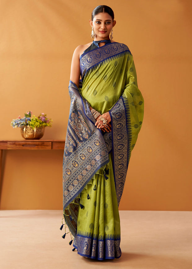 Lime Green Woven Banarasi Cotton Silk Saree