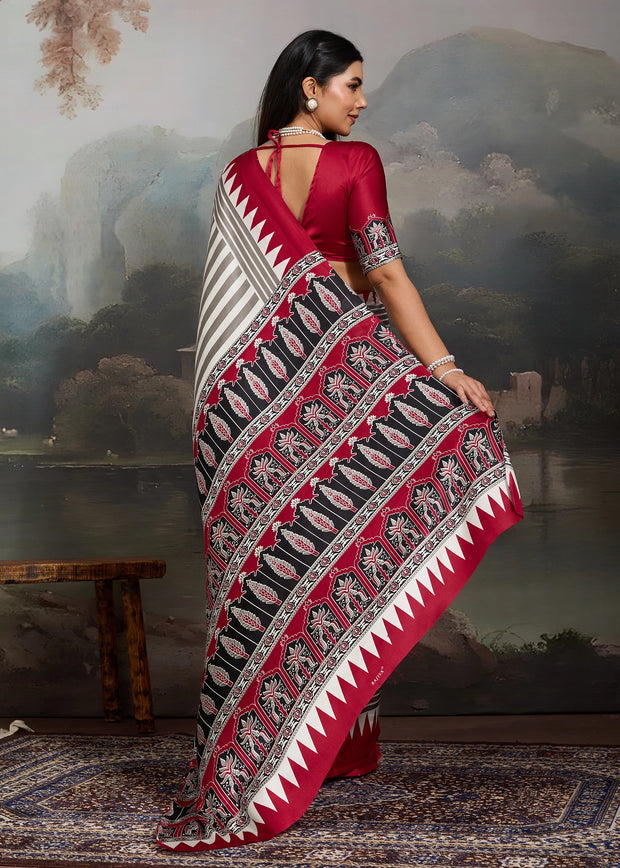 Red And White Printed Satin Silk Saree