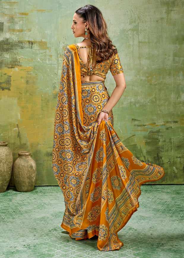 Haldi Yellow Printed Satin Silk Saree
