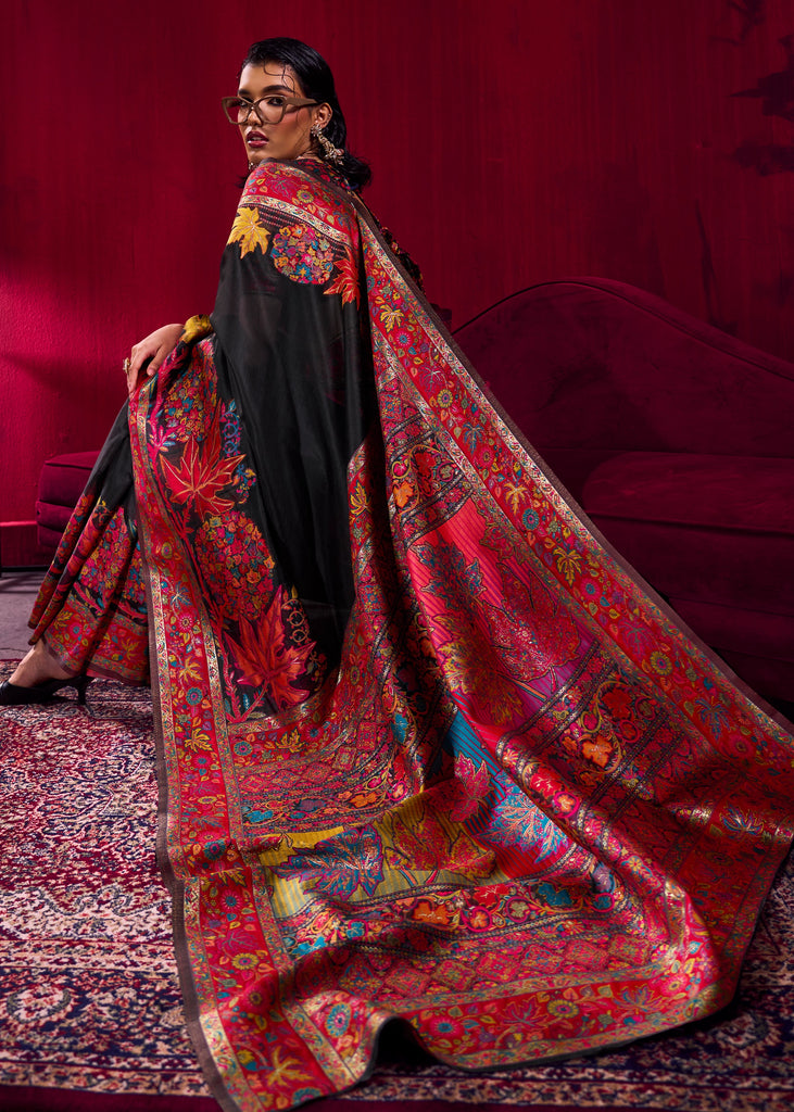 Pirate Black Woven Cotton Kashmiri Jamewar Saree