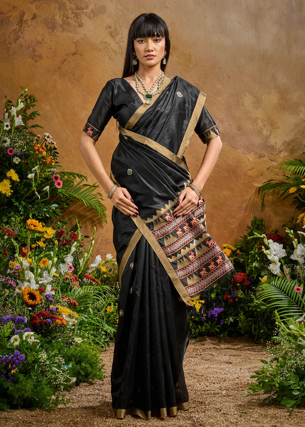 Midnight Black Woven Banarasi Silk Saree