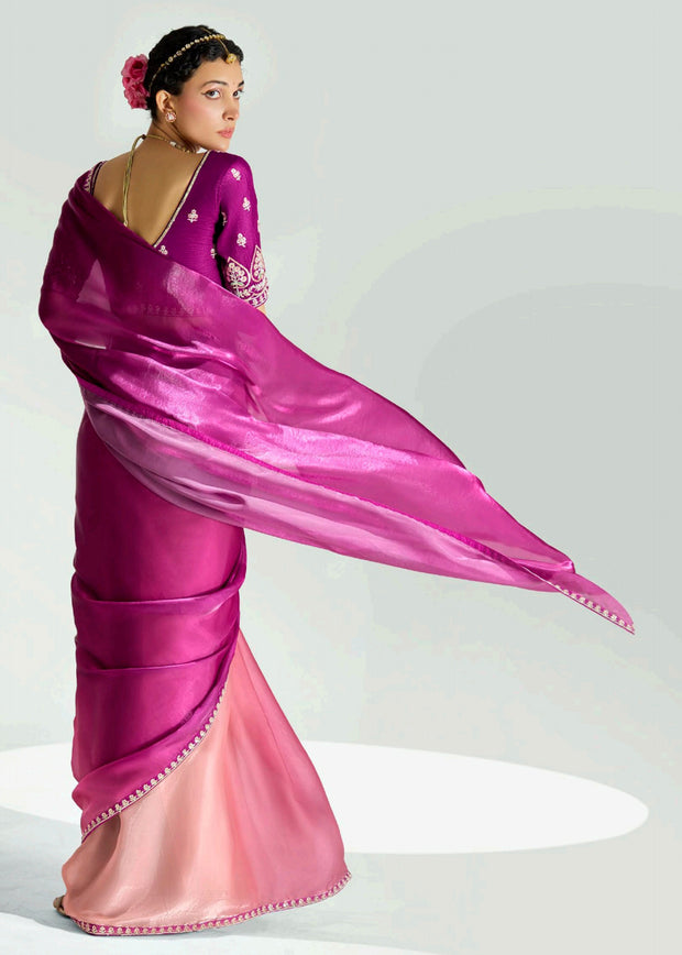 Dahlia Purple Ombre Designer Tissue Saree With Embroidered Blouse
