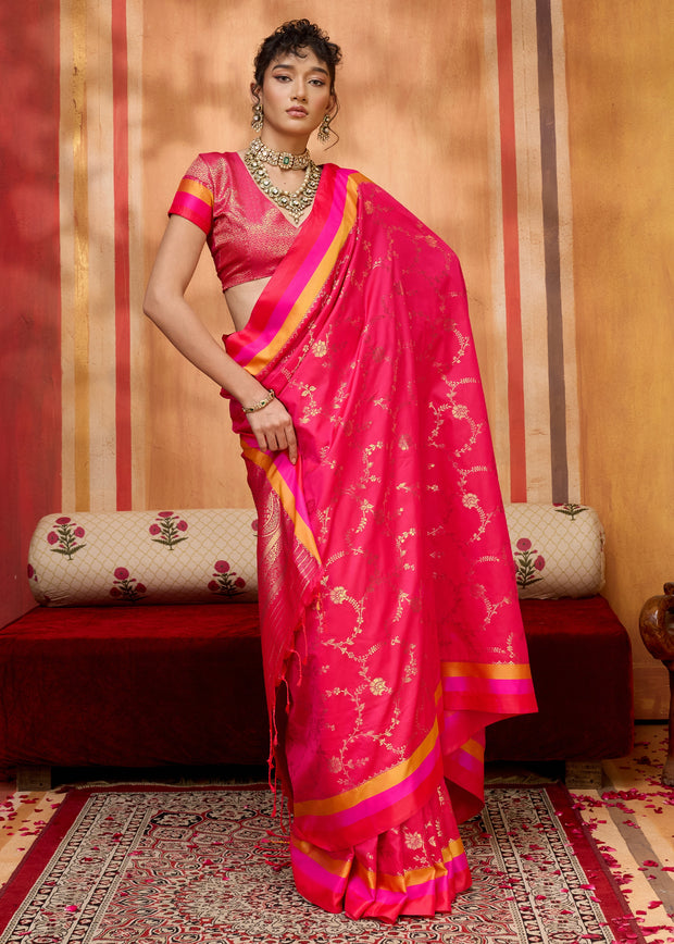 Raspberry Pink Woven Banarasi Silk Saree