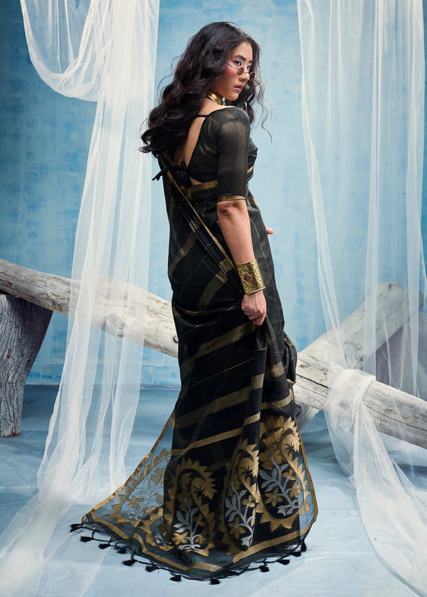 Black Woven Munga Cotton Saree