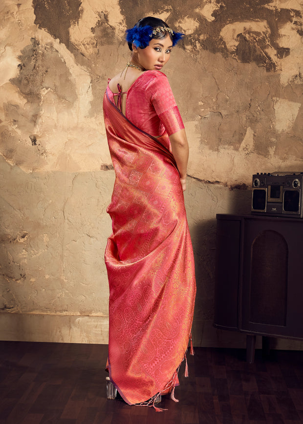 Coral Pink Woven Kanjivaram Silk Saree