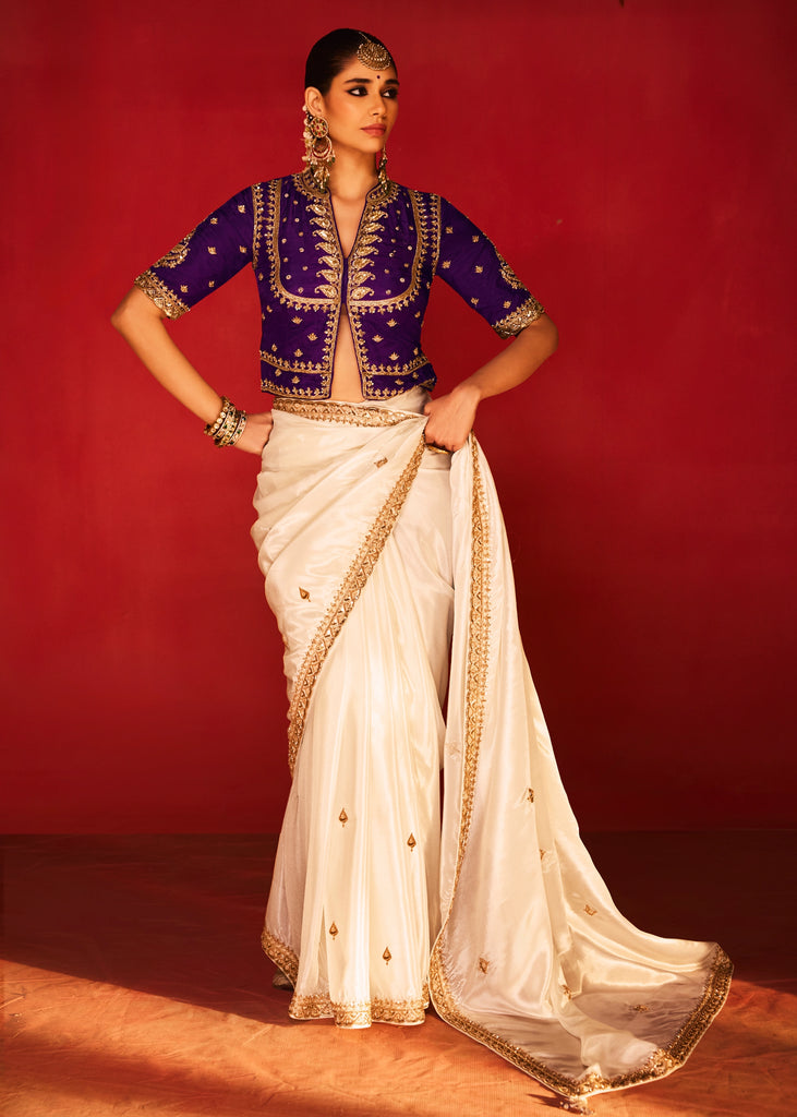 Off White Embroidered Soft Silk Saree With Contrast Blouse