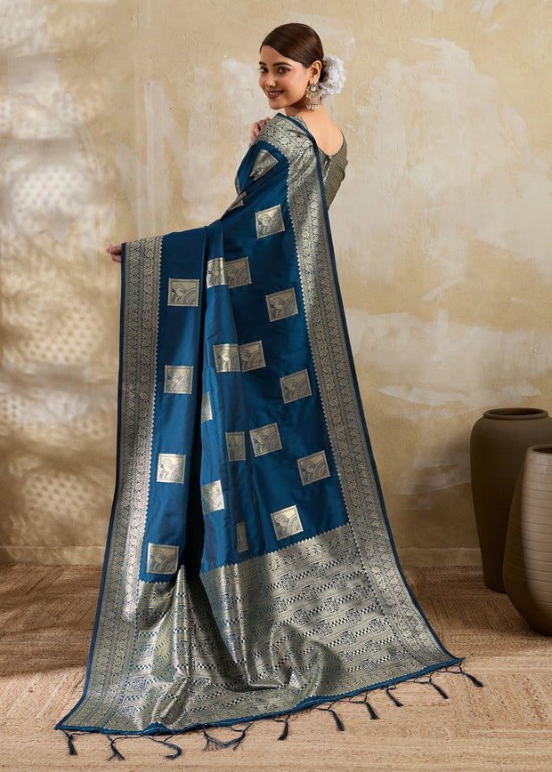 Coral Blue Woven Banarasi Silk Saree
