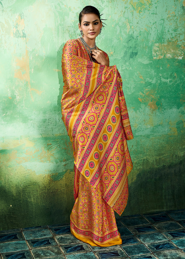 Yellow Printed Satin Silk Saree