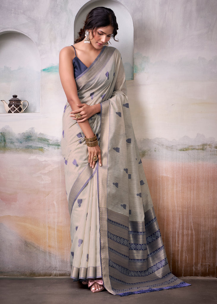 Off White Woven Banarasi Cotton Silk Saree