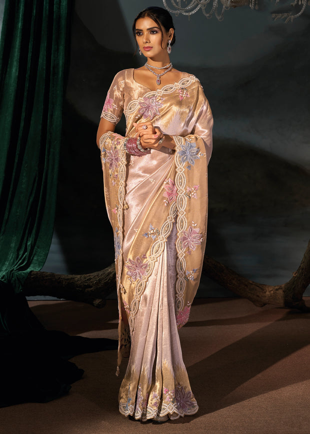 Golden Cream Embroidered Silk Saree