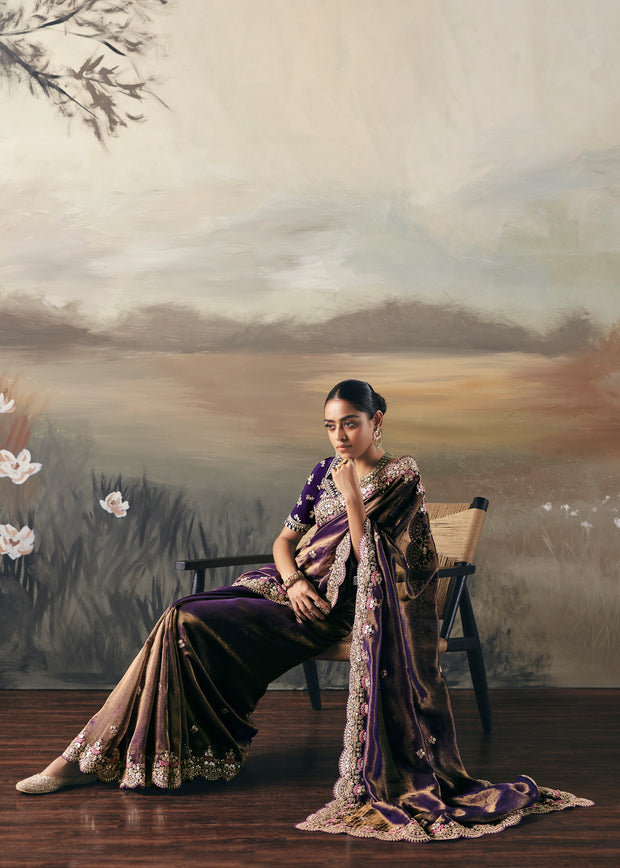 Golden Purple Tissue Embroidered Wedding Wear Saree