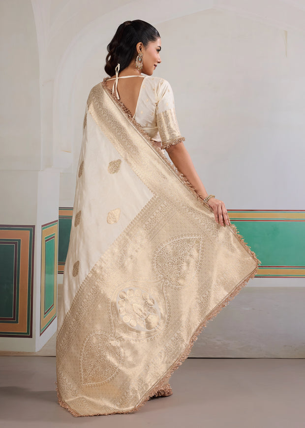 Snow White Woven Banarasi Satin Silk Saree