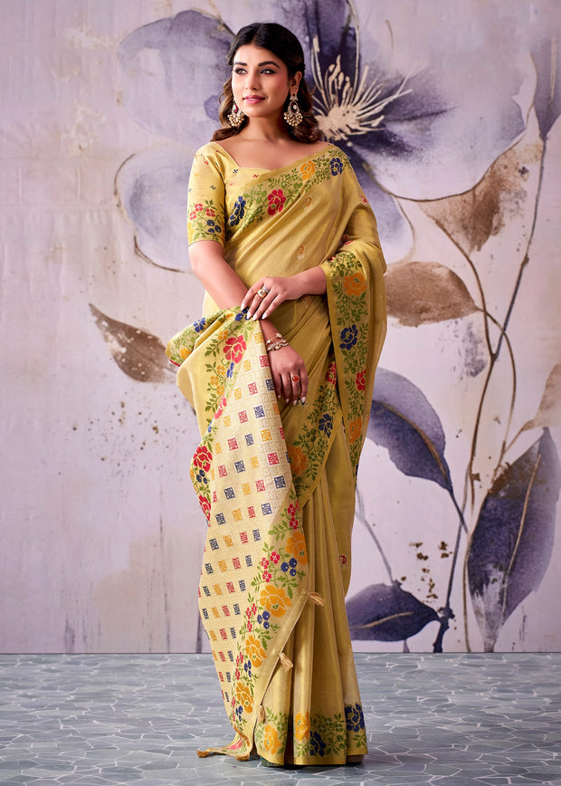 Lime Yellow Woven Tissue Silk Saree