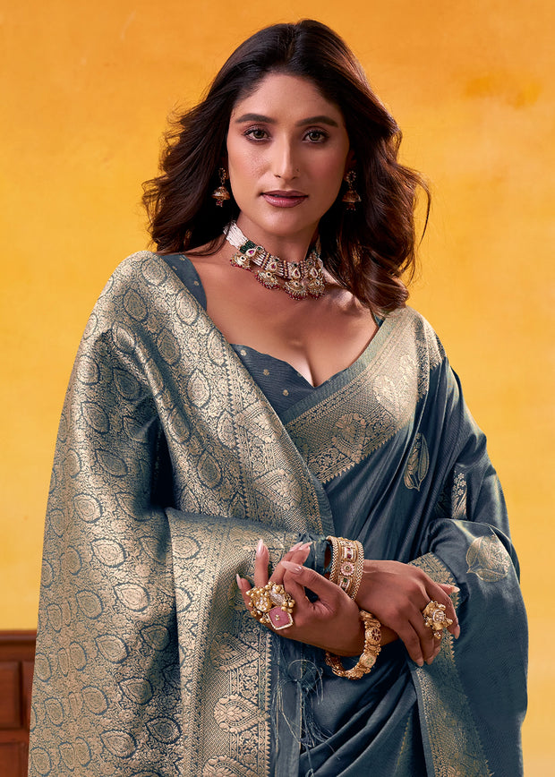 Fossil Grey Woven Tusser Silk Saree