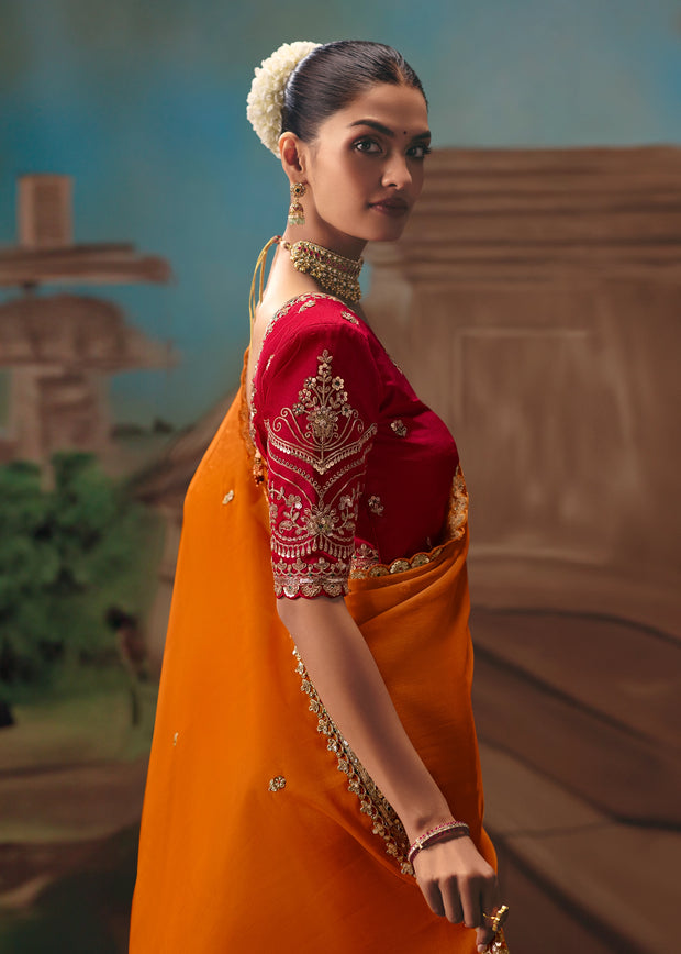 Peel Orange Embroidered Designer Saree