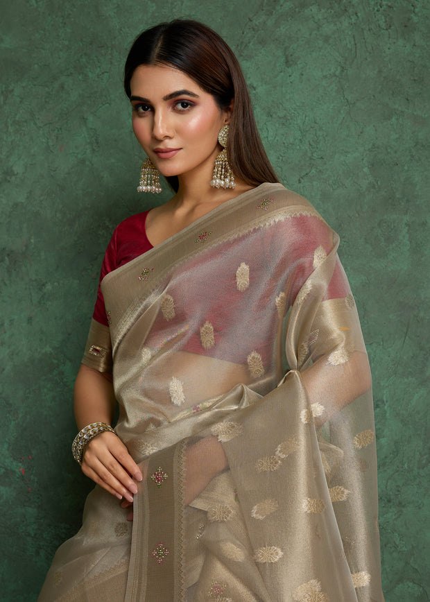 Silver Grey Woven Banarasi Tissue Saree With Meenakari Butas