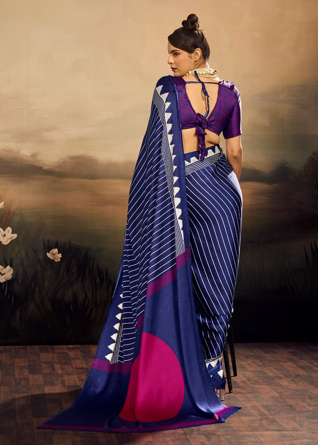 Navy Blue Printed Satin Silk Saree