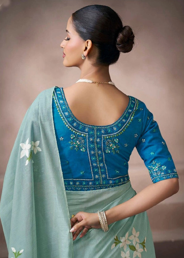 “Exclusive Offer” : Light Cyan Woven Cotton Silk Saree