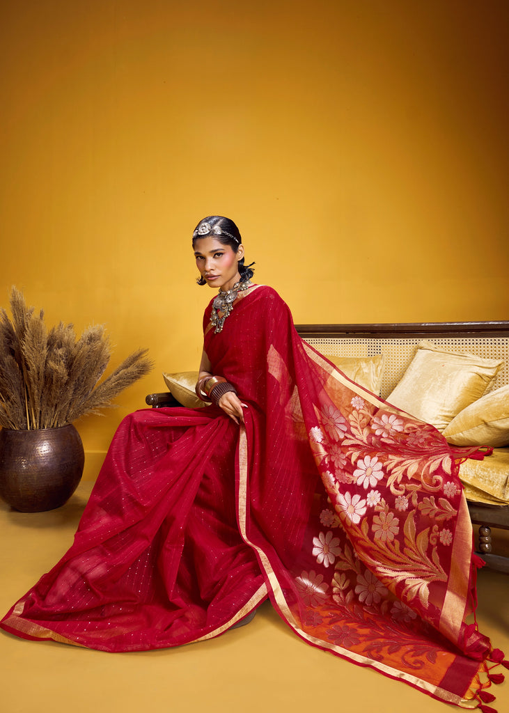Bridal Red Woven Cotton Silk Saree