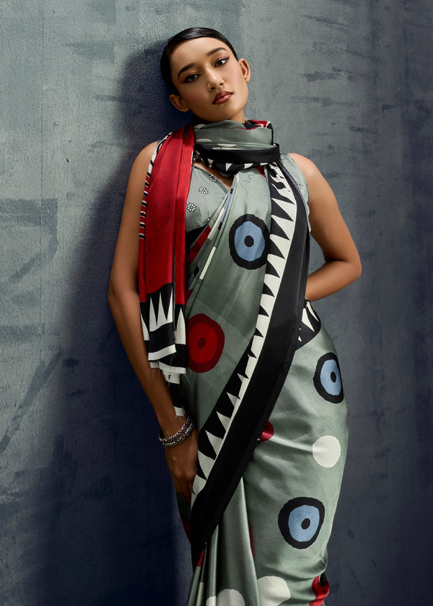 Silver Grey Printed Satin Silk Saree