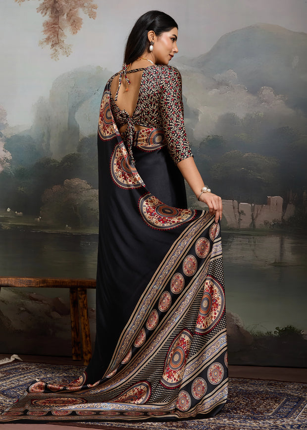 Ink Black Printed Satin Silk Saree
