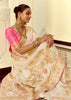 Snow White Woven Banarasi Designer Silk Saree With Contrast Blouse