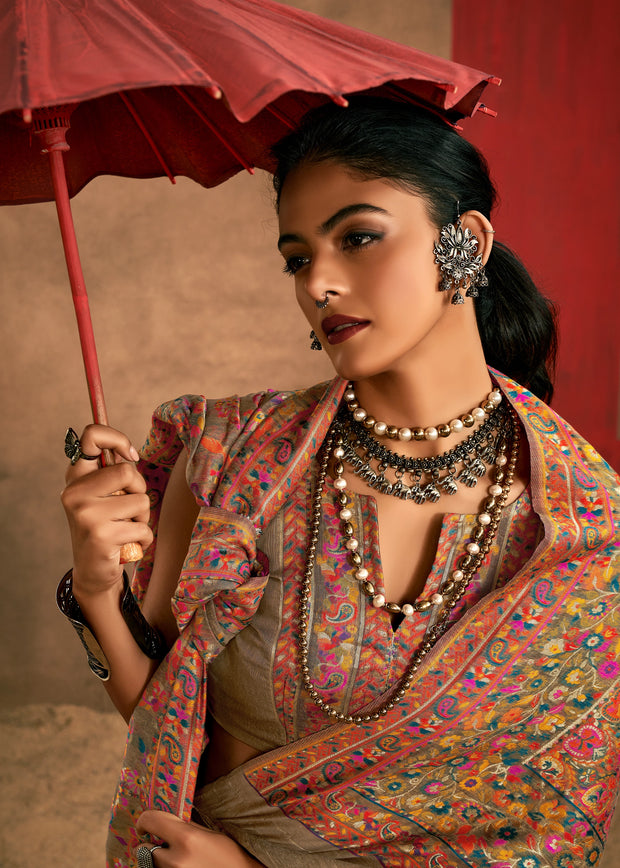 Khaki Brown Woven Kashmiri Jamewar Silk Saree