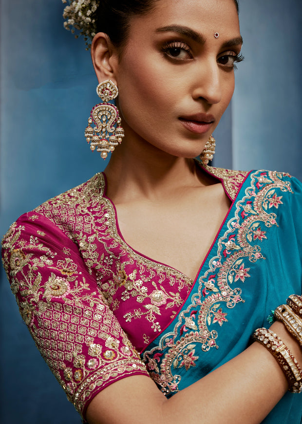 Teal Blue Embroidered Designer Tissue Saree