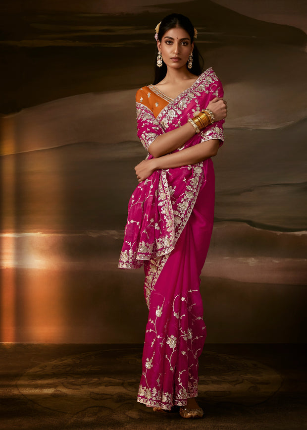 Berry Magenta Pink Embroidered Designer Organza Saree