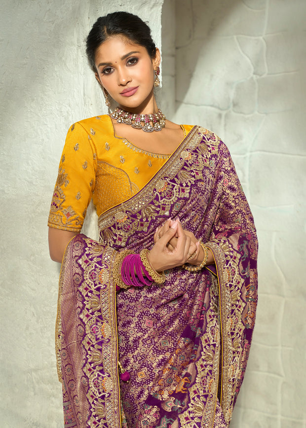 Wine Purple Embroidered Georgette Bandhej Saree