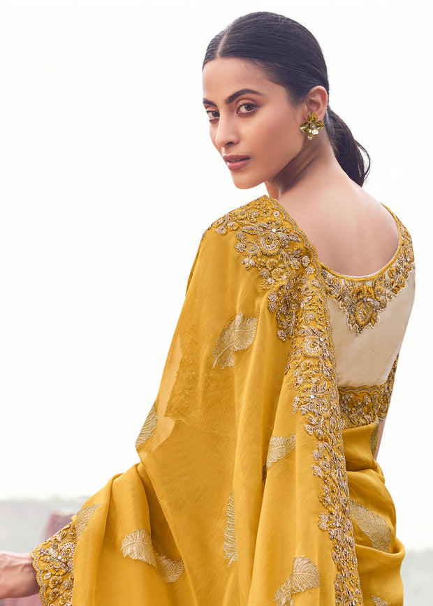 Mustard Yellow Woven Embroidered Tissue Silk Saree