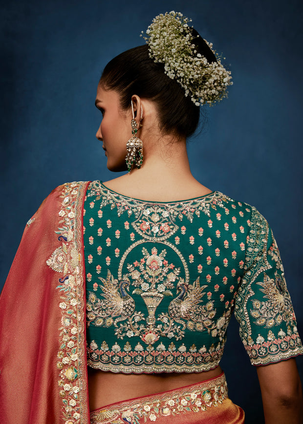 Rust Orange Embroidered Designer Tissue Saree