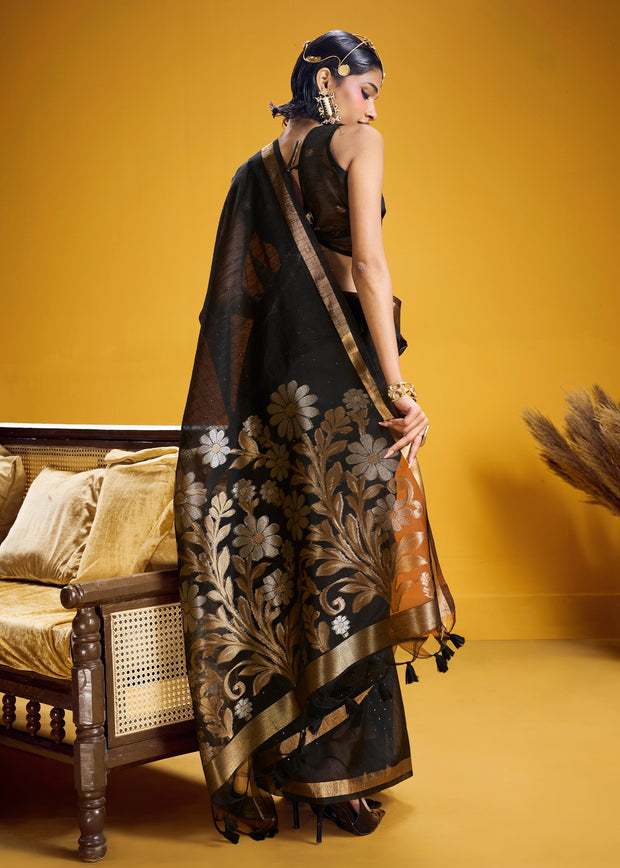 Jet Black Woven Cotton Silk Saree