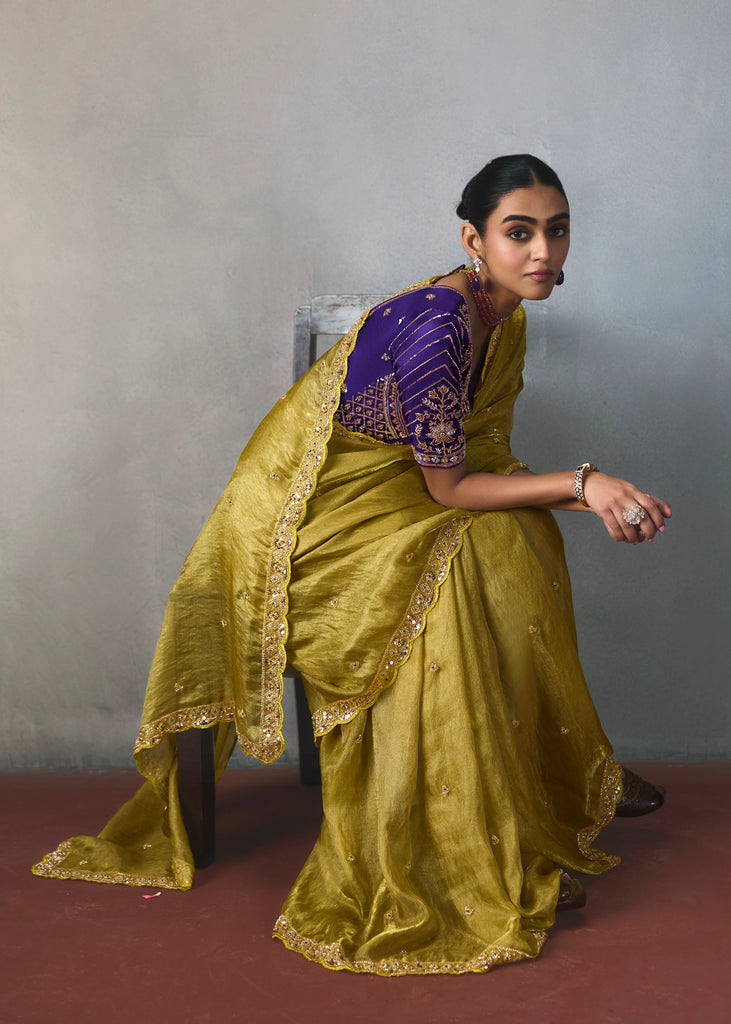 Olive Green Embroidered Silk Saree With Heavy Blouese