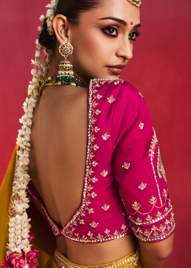 Mustard Yellow Embroidered Soft Silk Saree With Contrast Blouse